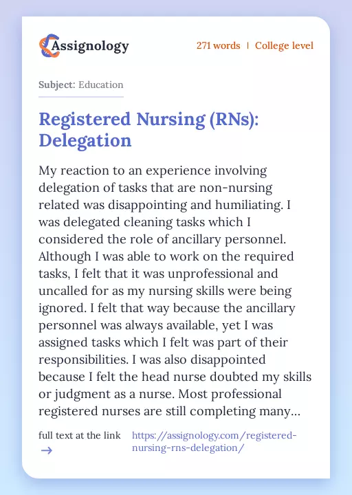 Registered Nursing (RNs): Delegation - Essay Preview