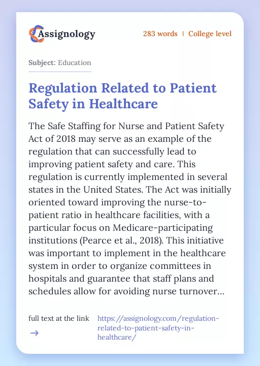 Regulation Related to Patient Safety in Healthcare - Essay Preview