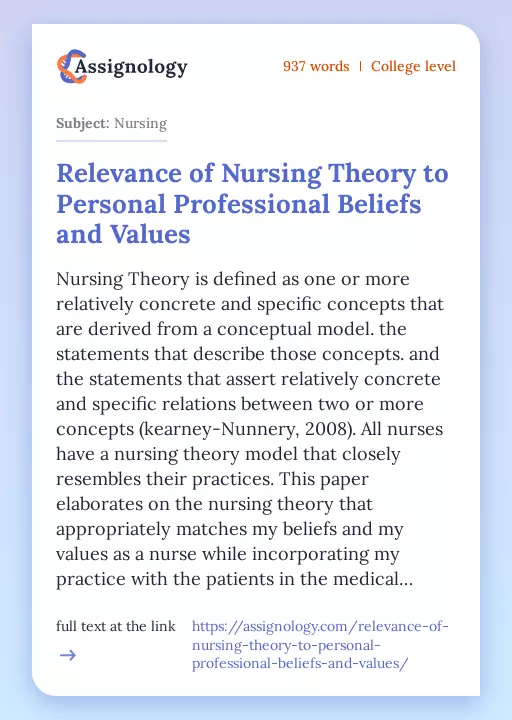 Relevance of Nursing Theory to Personal Professional Beliefs and Values - Essay Preview