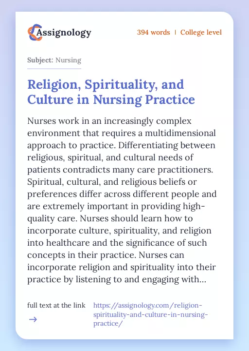 Religion, Spirituality, and Culture in Nursing Practice - Essay Preview