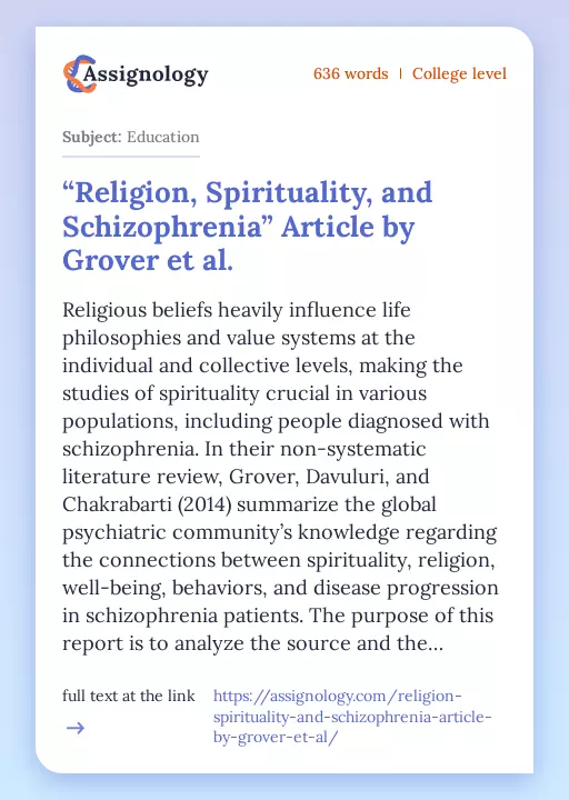 “Religion, Spirituality, and Schizophrenia” Article by Grover et al. - Essay Preview