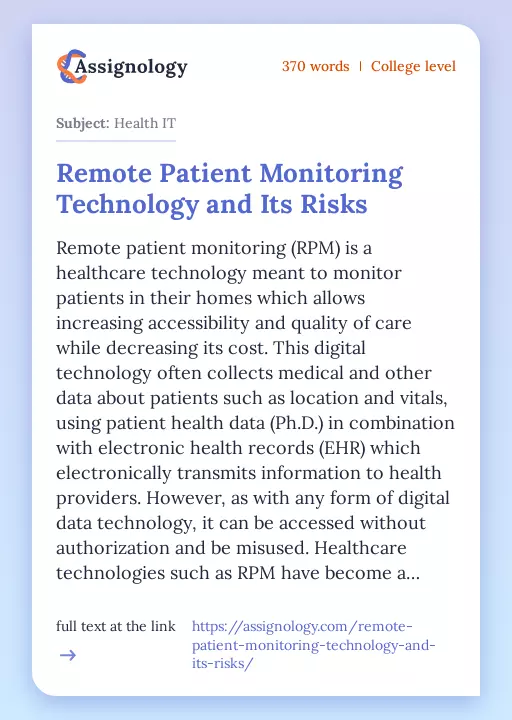 Remote Patient Monitoring Technology and Its Risks - Essay Preview