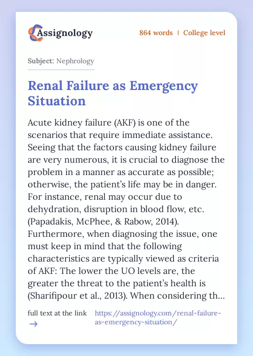 Renal Failure as Emergency Situation - Essay Preview