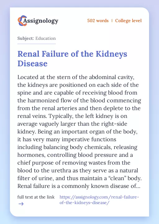 Renal Failure of the Kidneys Disease - Essay Preview
