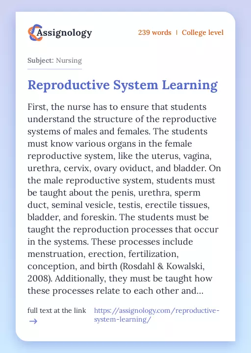 Reproductive System Learning - Essay Preview