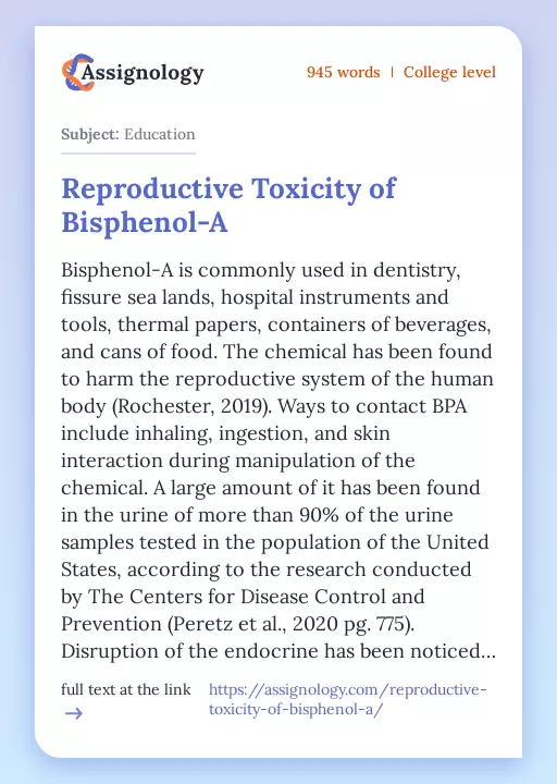Reproductive Toxicity of Bisphenol-A - Essay Preview