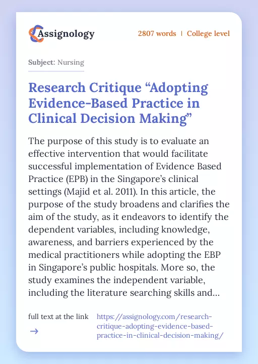 Research Critique “Adopting Evidence-Based Practice in Clinical Decision Making” - Essay Preview