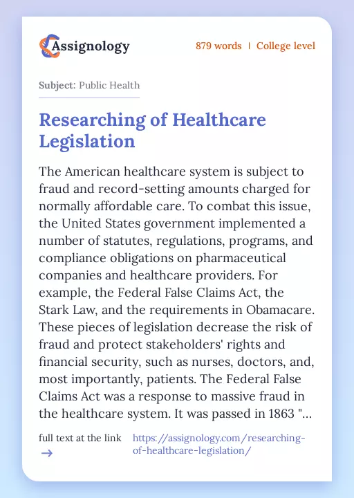 Researching of Healthcare Legislation - Essay Preview