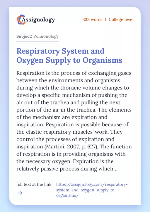 Respiratory System and Oxygen Supply to Organisms - Essay Preview