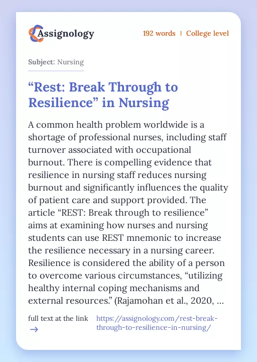 “Rest: Break Through to Resilience” in Nursing - Essay Preview