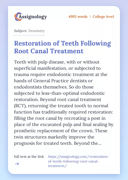Restoration of Teeth Following Root Canal Treatment - Essay Preview