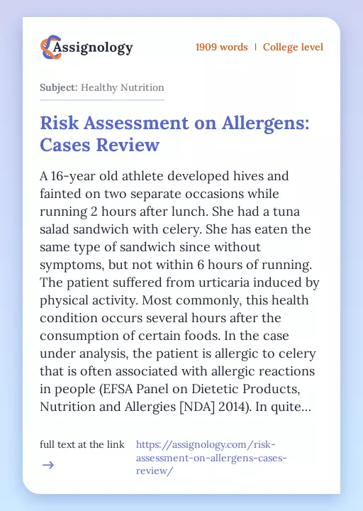 Risk Assessment on Allergens: Cases Review - Essay Preview