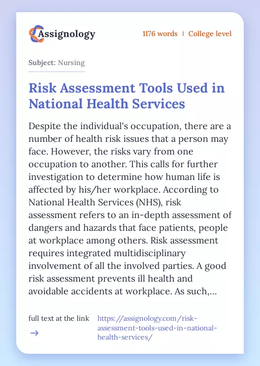 Risk Assessment Tools Used in National Health Services - Essay Preview