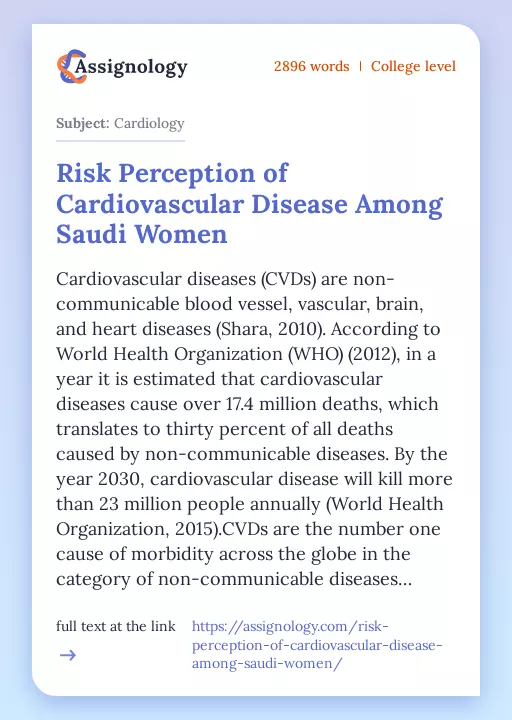 Risk Perception of Cardiovascular Disease Among Saudi Women - Essay Preview