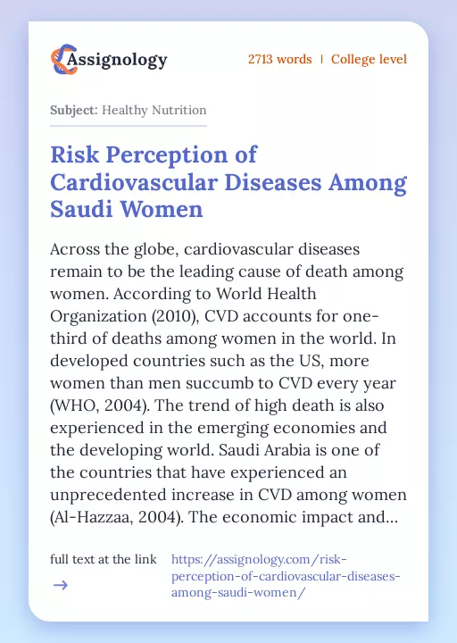 Risk Perception of Cardiovascular Diseases Among Saudi Women - Essay Preview