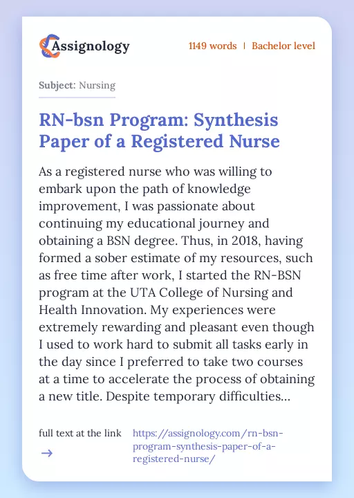 RN-bsn Program: Synthesis Paper of a Registered Nurse - Essay Preview