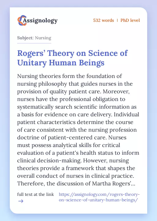 Rogers’ Theory on Science of Unitary Human Beings - Essay Preview