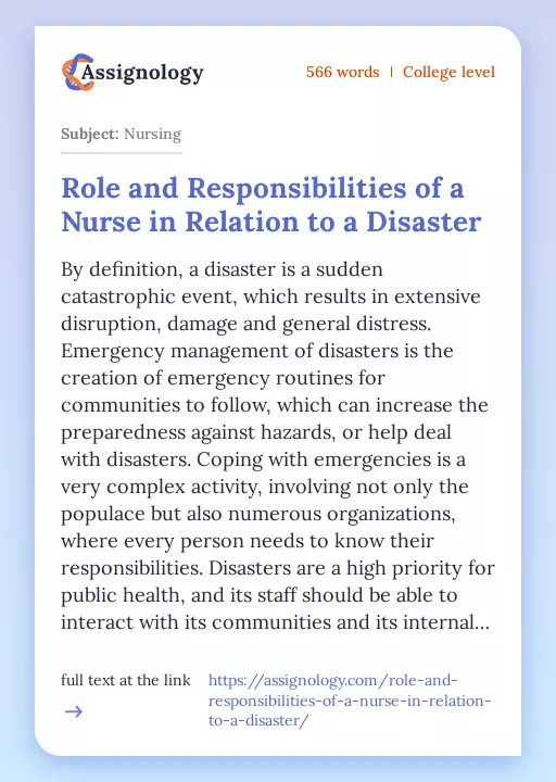 Role and Responsibilities of a Nurse in Relation to a Disaster - Essay Preview