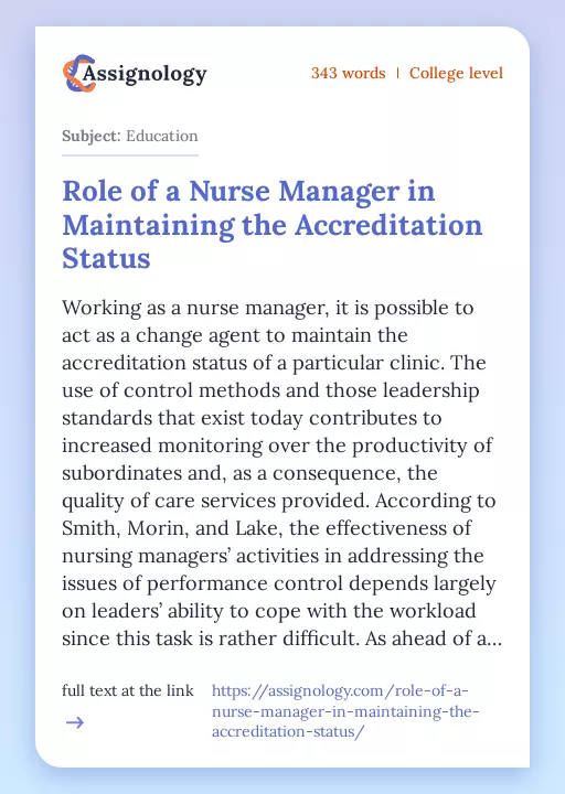 Role of a Nurse Manager in Maintaining the Accreditation Status - Essay Preview