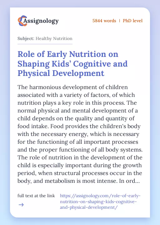 Role of Early Nutrition on Shaping Kids’ Cognitive and Physical Development - Essay Preview