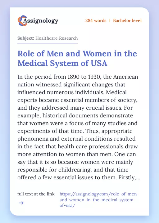 Role of Men and Women in the Medical System of USA - Essay Preview