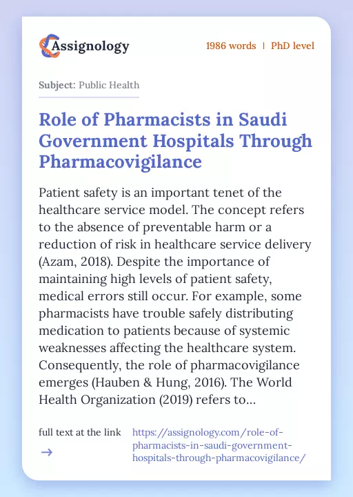 Role of Pharmacists in Saudi Government Hospitals Through Pharmacovigilance - Essay Preview