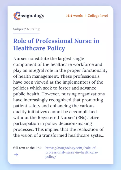 Role of Professional Nurse in Healthcare Policy - Essay Preview