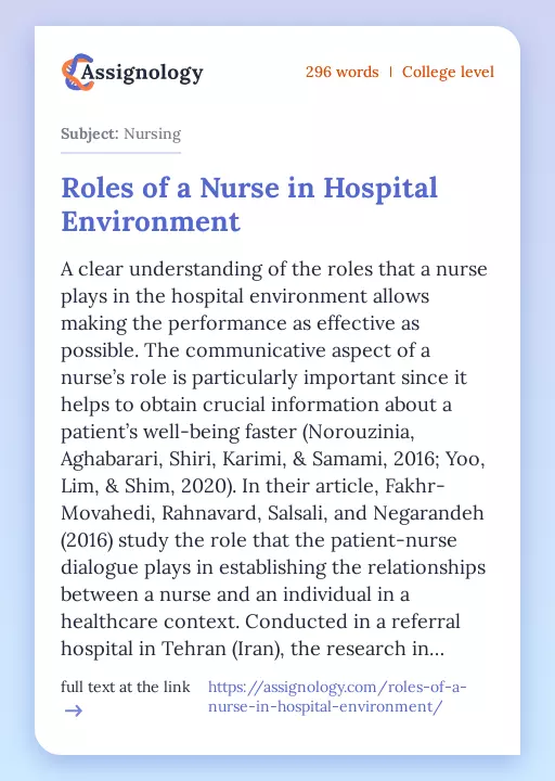 Roles of a Nurse in Hospital Environment - Essay Preview