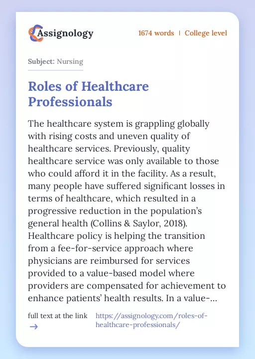 Roles of Healthcare Professionals - Essay Preview