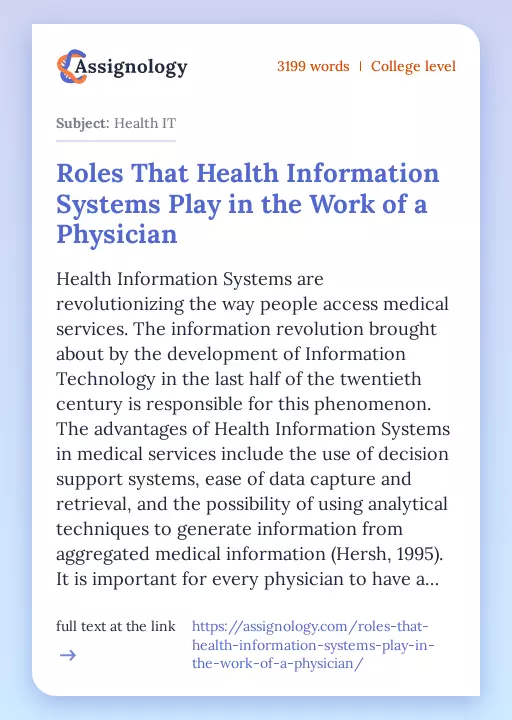 Roles That Health Information Systems Play in the Work of a Physician - Essay Preview