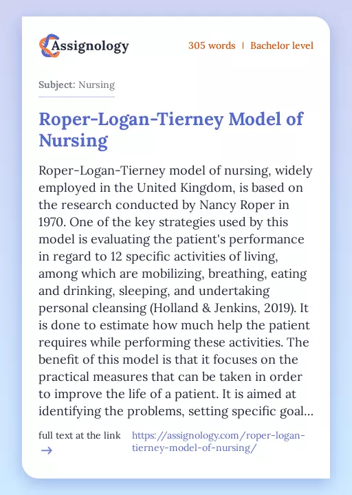Roper-Logan-Tierney Model of Nursing - Essay Preview