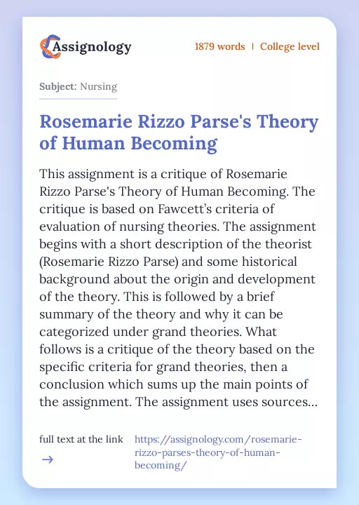 Rosemarie Rizzo Parse's Theory of Human Becoming - Essay Preview