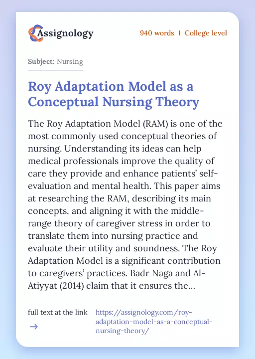 Roy Adaptation Model as a Conceptual Nursing Theory - Essay Preview