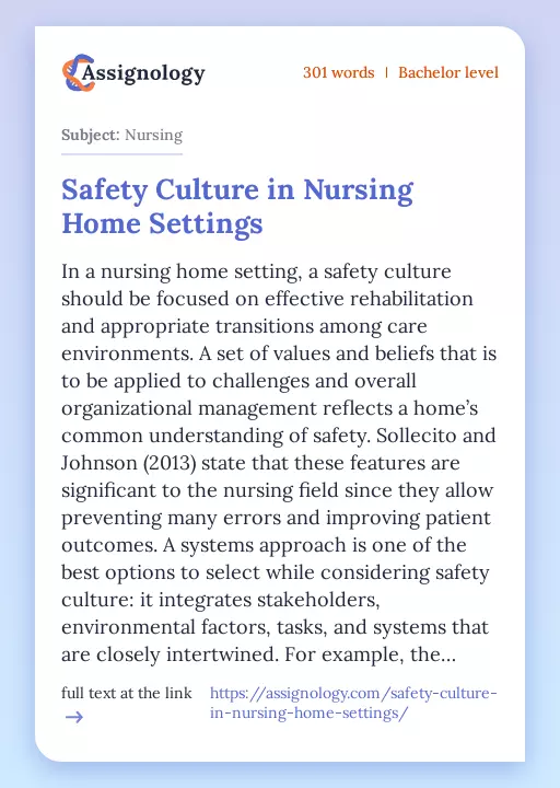 Safety Culture in Nursing Home Settings - Essay Preview