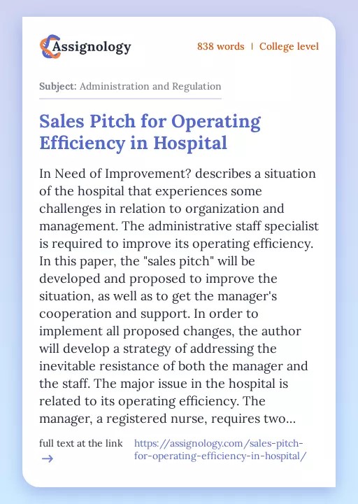 Sales Pitch for Operating Efficiency in Hospital - Essay Preview