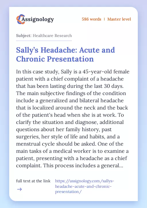Sally’s Headache: Acute and Chronic Presentation - Essay Preview