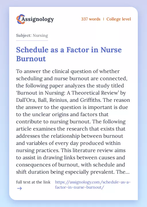 Schedule as a Factor in Nurse Burnout - Essay Preview