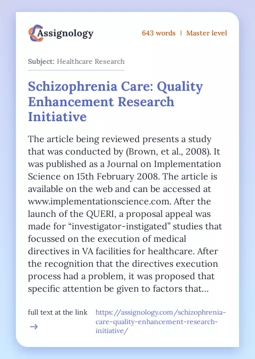 Schizophrenia Care: Quality Enhancement Research Initiative - Essay Preview