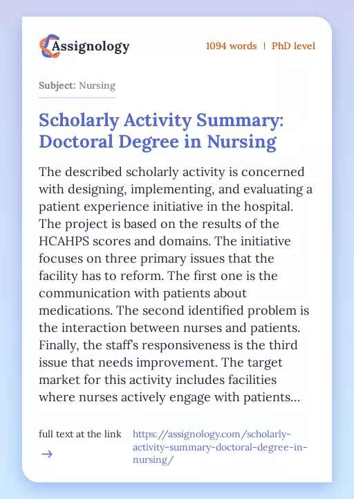Scholarly Activity Summary: Doctoral Degree in Nursing - Essay Preview
