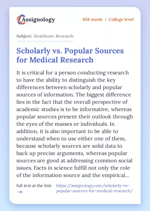 Scholarly vs. Popular Sources for Medical Research - Essay Preview