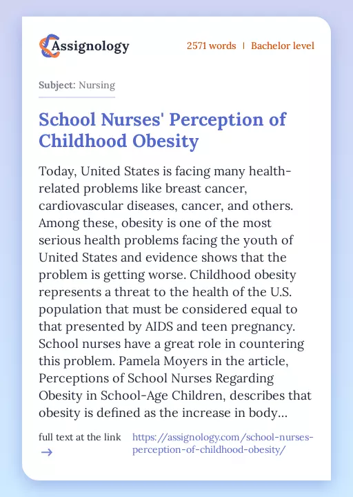 School Nurses' Perception of Childhood Obesity - Essay Preview