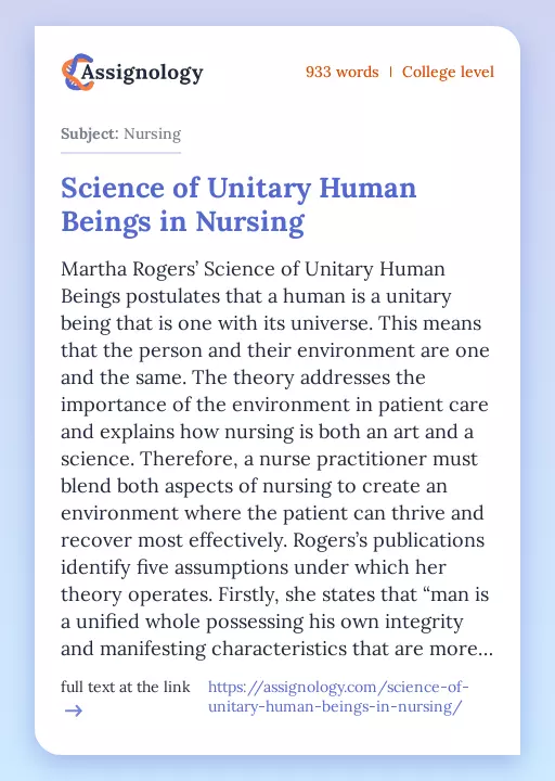 Science of Unitary Human Beings in Nursing - Essay Preview