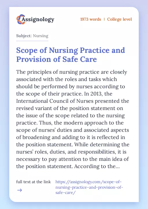 Scope of Nursing Practice and Provision of Safe Care - Essay Preview