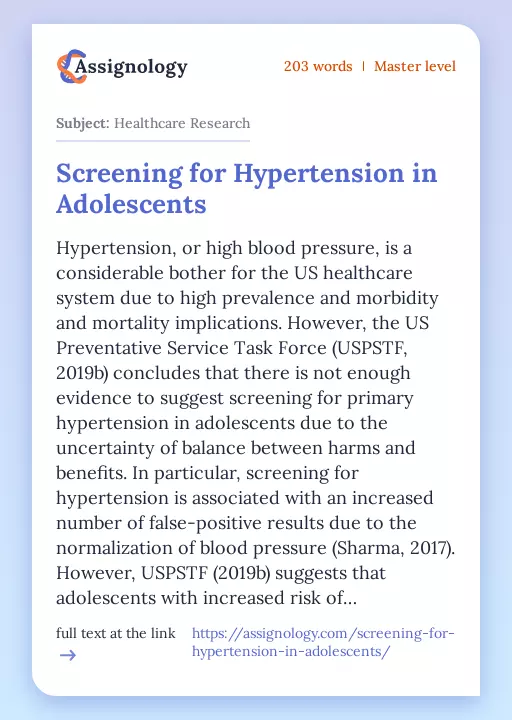 Screening for Hypertension in Adolescents - Essay Preview