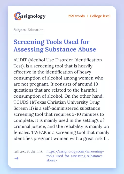 Screening Tools Used for Assessing Substance Abuse - Essay Preview