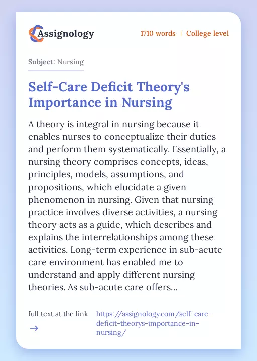 Self-Care Deficit Theory's Importance in Nursing - Essay Preview