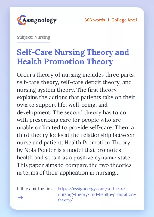 Self-Care Nursing Theory and Health Promotion Theory - Essay Preview