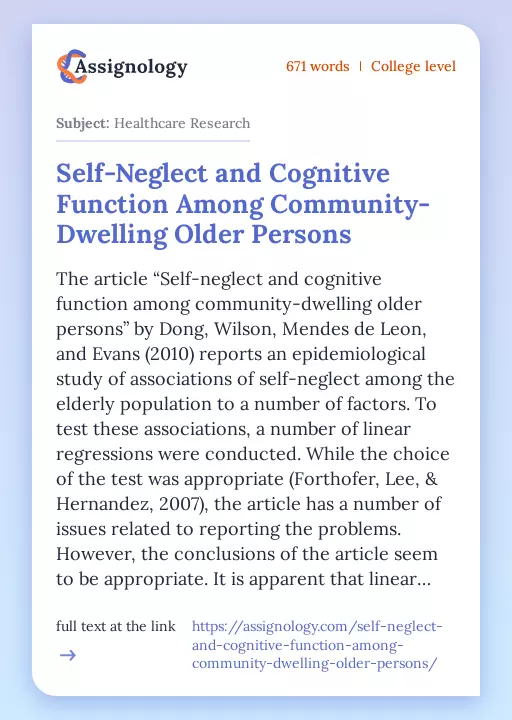 Self-Neglect and Cognitive Function Among Community-Dwelling Older Persons - Essay Preview