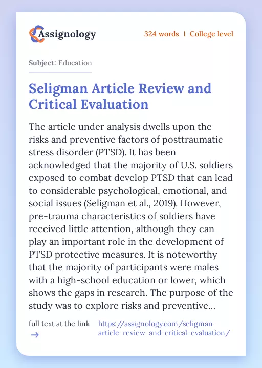 Seligman Article Review and Critical Evaluation - Essay Preview