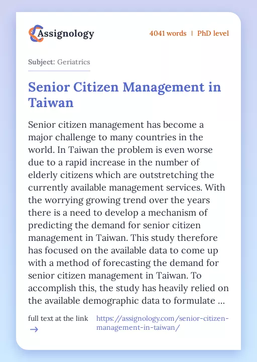 Senior Citizen Management in Taiwan - Essay Preview